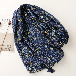 Navy floral cotton linen scarf with tassels and small flower pattern for spring