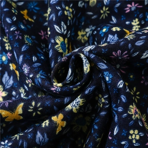 Navy blue cotton linen scarf featuring yellow butterflies and floral print with tassels