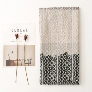Elegant cotton linen scarf with black ripple geometric pattern and frayed edges