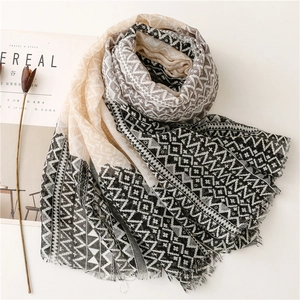 Close-up of geometric pattern scarf with frayed edges and monochrome triangle print