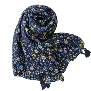 Blue floral cotton linen scarf with yellow butterflies and decorative tassels