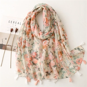 Floral Print Scarf Shawl Lightweight Polyester Tassel Trim Large Flower Fresh Pastoral Style For Women Beach Sunscreen