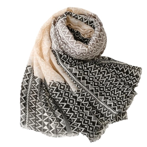 Elegant geometric patterned scarf with wave textures and fringed edges in black and beige