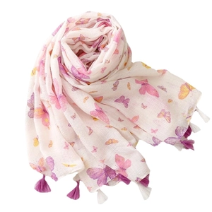 Elegant cotton linen scarf with pink butterfly prints and decorative tassels for women