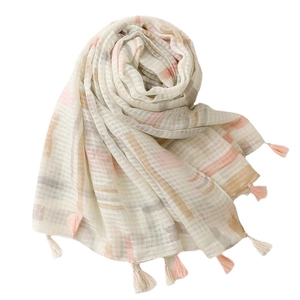 Beige cotton linen scarf with abstract geometric prints and handmade tassel fringes
