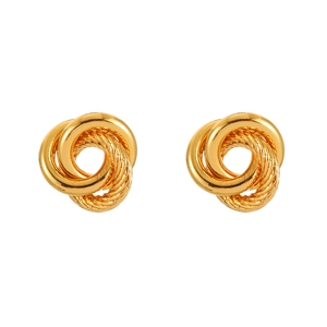 Detail of gold love knot earrings featuring interlocking smooth and twisted rope rings