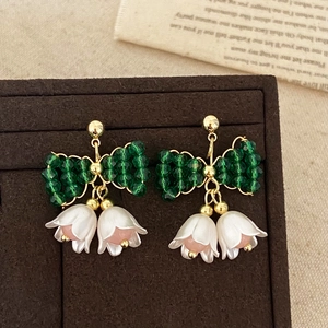 Boucles Oreilles Pendantes Muguet Nœud Papillon Avec Tige En Argent Sterling 925 Cristal Vert Résine Bijoux Élégants