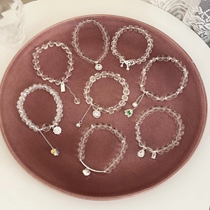 Bracciale Perline Cristallo Trasparente Ciondoli Lega Placcata Argento Cuore Fiore Fiocco Gioielli Minimalista Donne