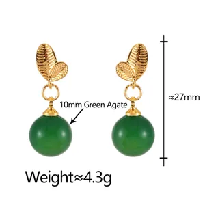 Elegant gold leaf earrings with 10mm green agate drops for a vintage luxury aesthetic