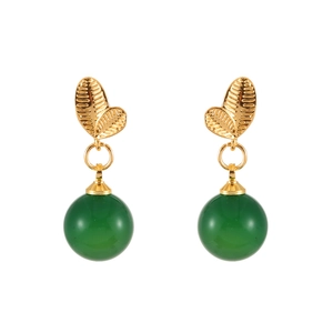 Elegant gold leaf earrings with green agate beads, minimalist vintage jewelry for women