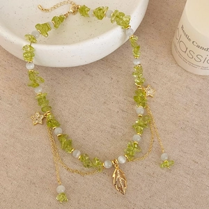 Beaded Necklace With Natural Green Stone Gravel White Cat Eye Beads Gold Plated Copper Leaf Star Pendants Dainty For Women