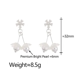 French vintage zircon flower tassel pearl earrings with silver posts and 6mm white pearls