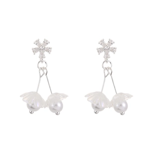 French vintage silver flower earrings with tassels, zircon petals and white pearls