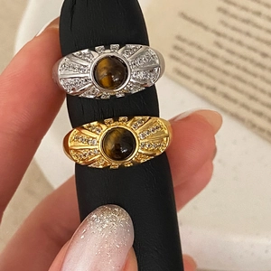 Retro Tiger Eye Ring Copper Radiant Zircon Adjustable Open Finger Jewelry For Women Vintage French Style