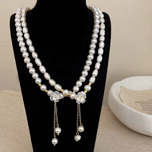 Collier En Perles D'eau Douce Avec Pendentif Fleur Et Long Pompon Chaîne De Clavicule Plaquée Or Bijoux Élégants Femmes