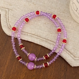 Amethyst Double Layer Beaded Bracelet With Red Accents Gold Plated Spacers Sweet Dainty Vintage Style Jewelry For Women