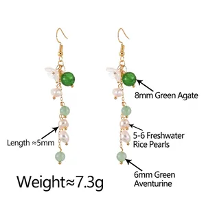 Elegant Chinese style drop earrings with green agate and freshwater pearls on gold chain