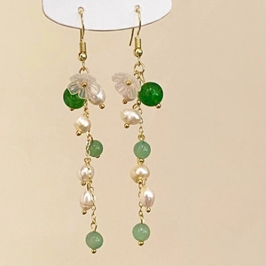Retro Chinese Style Long Tassel Dangle Earrings 18K Gold Plated Copper Freshwater Pearls Green Agate Frosted Flower Elegant