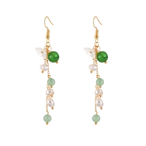 Elegant gold tassel earrings with fresh water pearls and green beads in vintage style