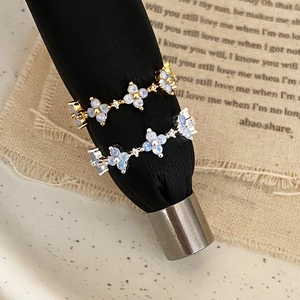 Vintage Blue Zircon Flower Adjustable Open Ring Copper Gold Silver Plated Korean Niche Style Jewelry For Women