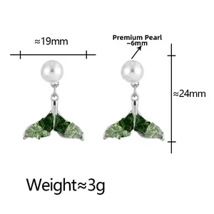 Detailed view of silver fish tail earrings with green stones and dimensions shown