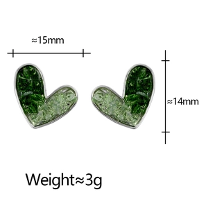 Detail showing heart earrings with green gradient crystal and dimensions 15mm by 14mm