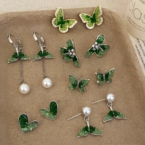 Green Crystal Butterfly Heart Stud Earrings With 925 Sterling Silver Earring Post Elegant Light Luxury Jewelry For Women