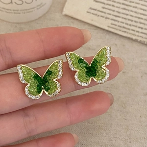 Exquisite gold butterfly earrings with green crystals and white zircon accents for women