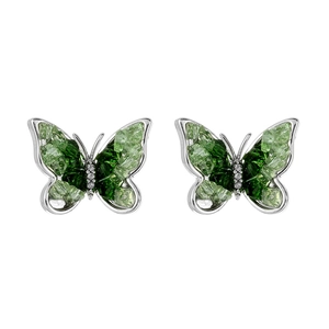 Exquisite silver butterfly stud earrings with green crystal wings and white zircon detail
