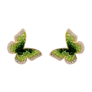 Exquisite gold butterfly stud earrings with green crystal and sparkling zircon pave setting