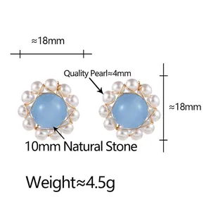 Minimalist sky blue natural stone earrings with white pearls and gold wire floral design