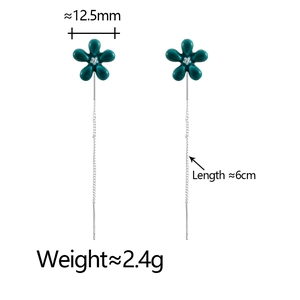 Detail view of teal enamel flower drop earrings with size measurements of 12.5mm and 6cm