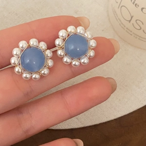 Sky blue natural stone earrings with pearls and gold wire wrap craftsmanship