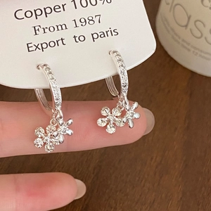 Détail des boucles d'oreilles fleurs argentées avec pompons en zircone sur base en cuivre
