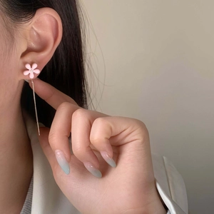 Sweet pink floral tassel drop earrings with cubic zirconia and silver long chain