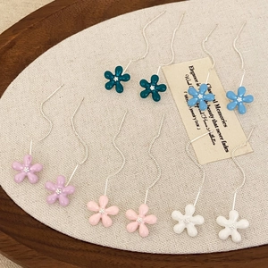 Sweet Flower Long Tassel Threader Earrings Copper Oil Dripping Enamel Five Petal Floral Drop Ear Line Jewelry For Women