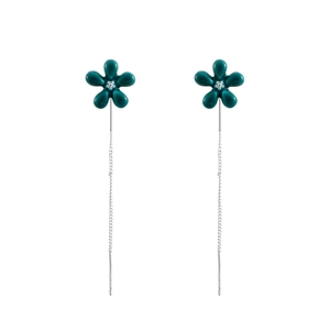 Elegant peacock green enamel flower tassel drop earrings in polished silver finish