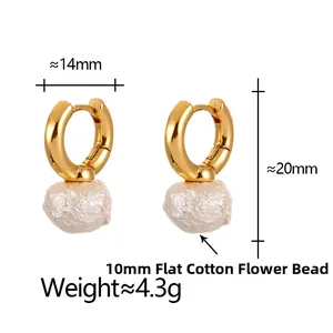 Close-up of golden hoop earrings with 10mm flat cotton pearls and size specifications