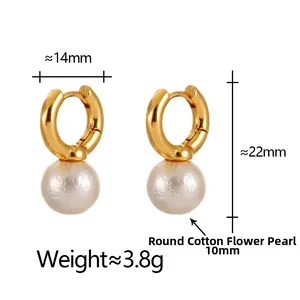 Detail view of cotton pearl earrings with 10mm round bead and gold metal hoop dimensions