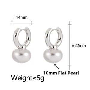 Detail view of 10mm grey pearl earrings with silver clasp dimensions 14mm by 22mm