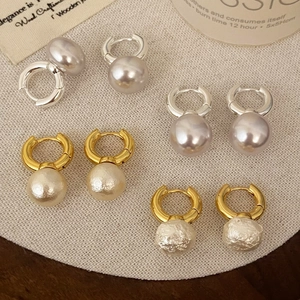 French Style Hoop Earrings With 925 Sterling Silver Earring Post And Large Cotton Artificial Pearl Dangles Copper Jewelry For Women