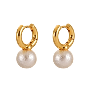 Elegant gold-plated hoop earrings with round white pearl pendants on white background