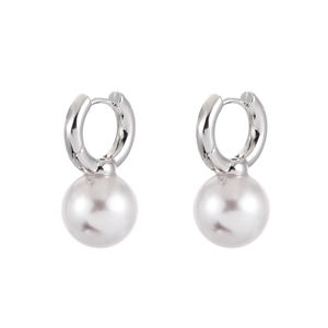 Detailed view of elegant silver hoop earrings featuring large round white pearls