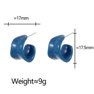 Detail view of blue C-shaped hoop earrings showing 17mm x 17.5mm dimensions and 9g weight