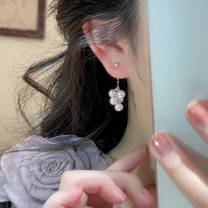 Artificial Pearl Drop Earrings With 925 Sterling Silver Earring Post Cluster Flower Pink Purple Dangle Elegant Gentle For Women