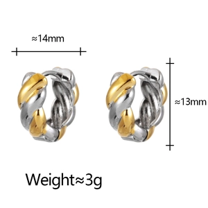 Two-tone gold and silver twisted hoop earrings with dimensions and 3g weight data