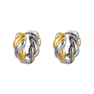 Elegant gold and silver contrast twisted hoop earrings with a textured rope design