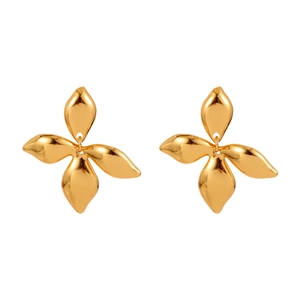 Polished gold flower petal earrings in a symmetrical four-leaf metallic design