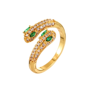 Golden snake-shaped open ring with cubic zirconia and marquise-cut green gemstones