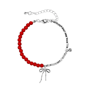 Elegant natural stone bracelet with red beads, silver bow pendant and adjustable chain